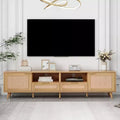 Clihome Rattan TV Stand for TVs up to 85'', Modern Farmhouse Media Console, Entertainment Center with Solid Wood Legs, TV Cabinet for Living Room