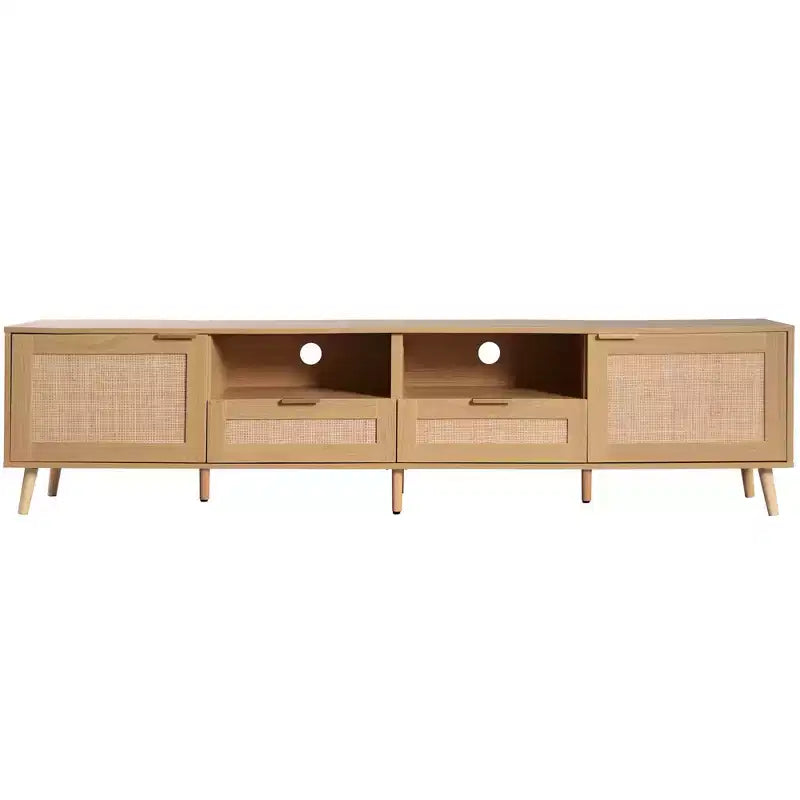 Meuble TV en rotin pour TV jusqu'à 85'', console média de style ferme moderne, centre de divertissement avec pieds en bois massif, meuble TV pour salon