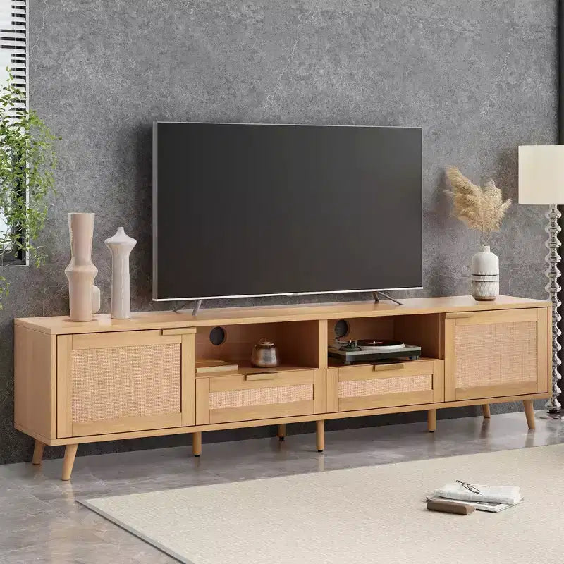 Rattan TV Stand for TVs up to 85'', Modern Farmhouse Media Console, Entertainment Center with Solid Wood Legs, TV Cabinet for Living Room