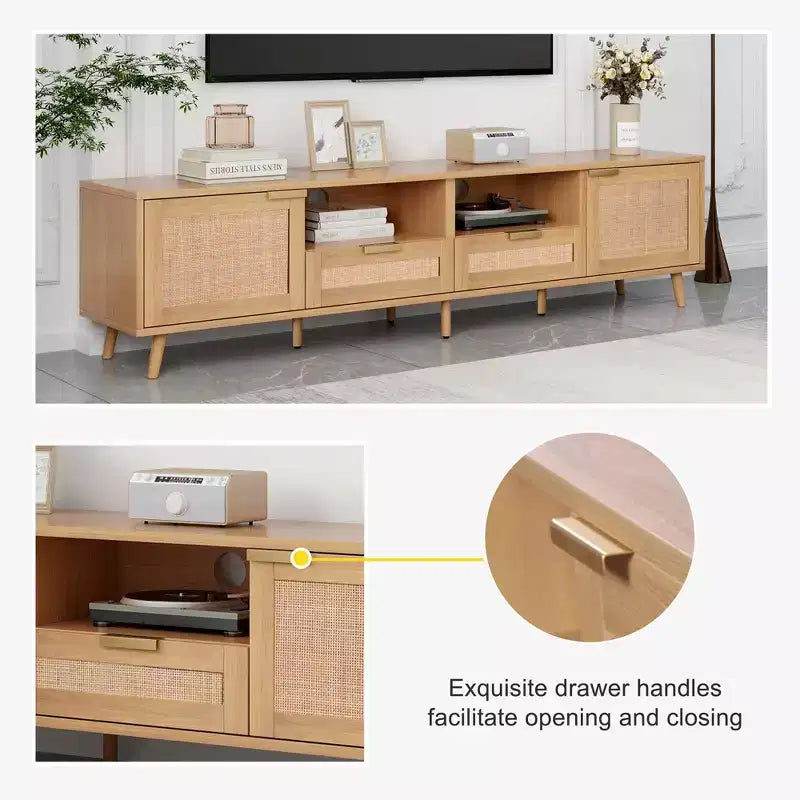 Rattan TV Stand for TVs up to 85'', Modern Farmhouse Media Console, Entertainment Center with Solid Wood Legs, TV Cabinet for Living Room