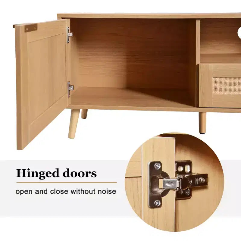 Meuble TV en rotin pour TV jusqu'à 85'', console média de style ferme moderne, centre de divertissement avec pieds en bois massif, meuble TV pour salon