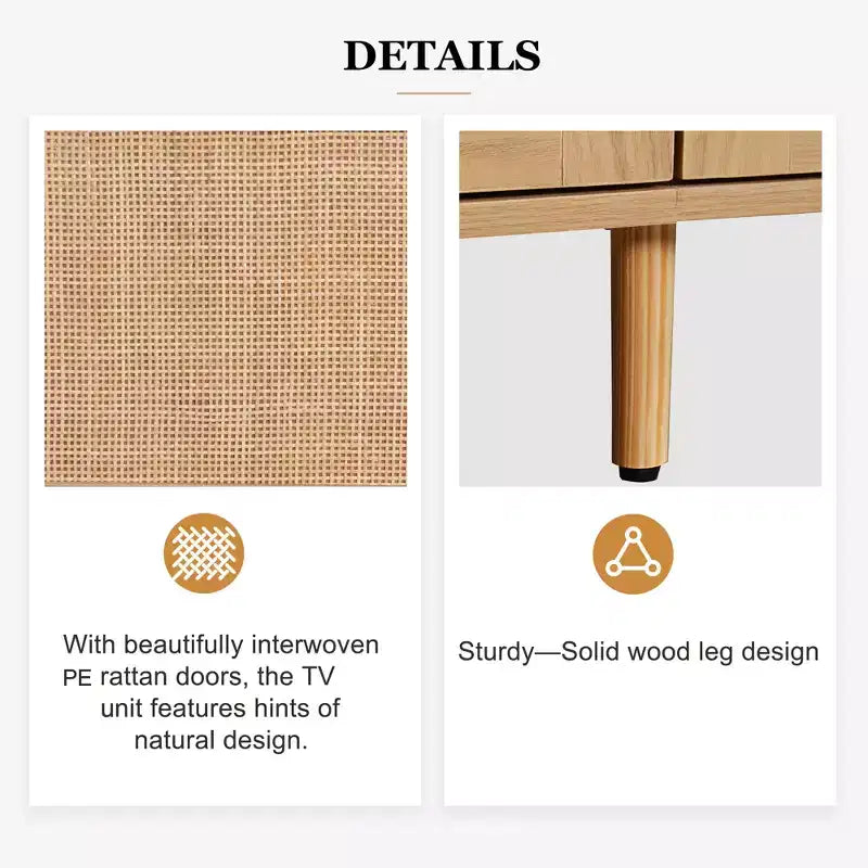 Rattan TV Stand for TVs up to 85'', Modern Farmhouse Media Console, Entertainment Center with Solid Wood Legs, TV Cabinet for Living Room
