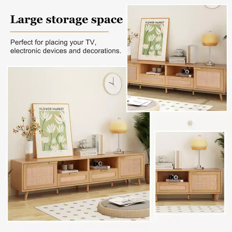 Rattan TV Stand for TVs up to 85'', Modern Farmhouse Media Console, Entertainment Center with Solid Wood Legs, TV Cabinet for Living Room