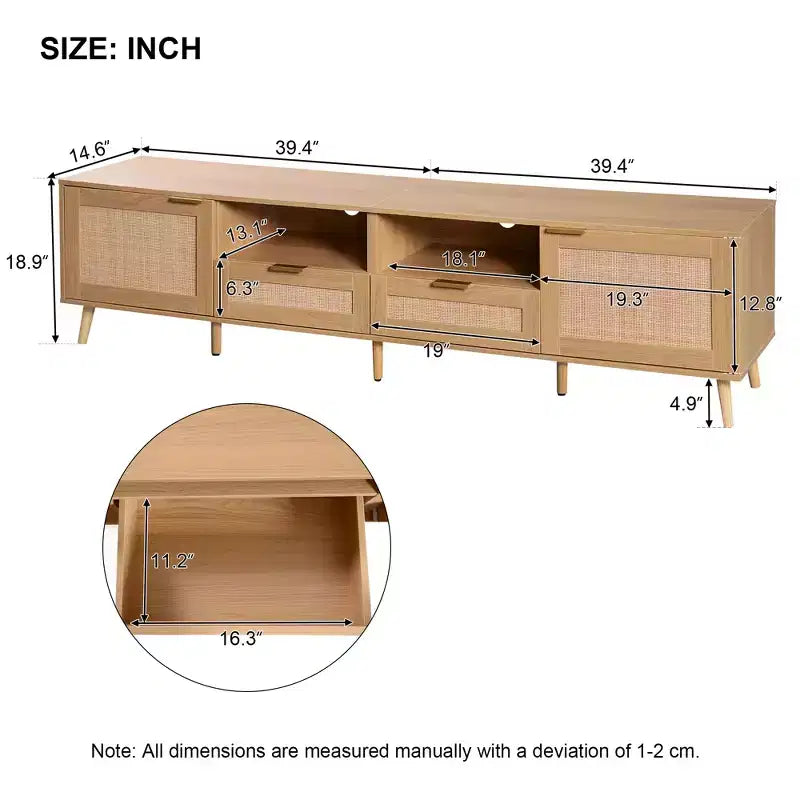 Rattan TV Stand for TVs up to 85'', Modern Farmhouse Media Console, Entertainment Center with Solid Wood Legs, TV Cabinet for Living Room