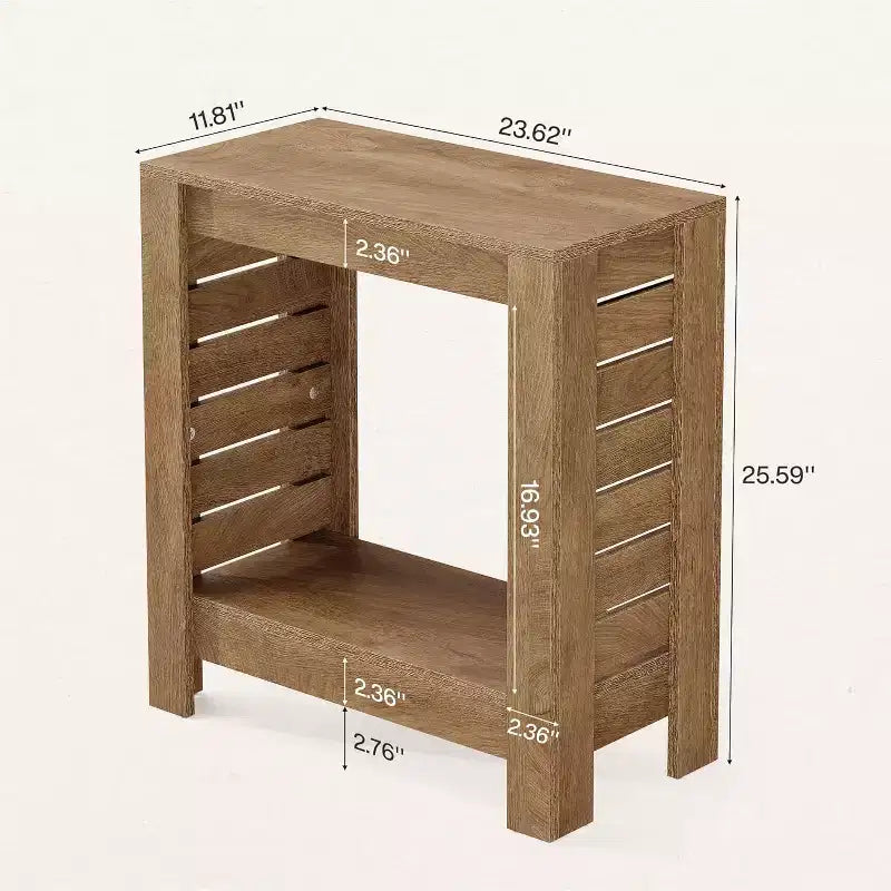 Table d'appoint étroite à 2 niveaux, bout de canapé avec étagère de rangement, table de chevet fine pour le salon, la chambre et le bureau