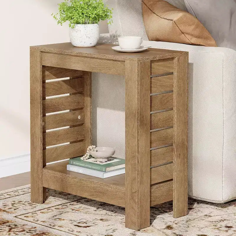 Table d'appoint étroite à 2 niveaux, bout de canapé avec étagère de rangement, table de chevet fine pour le salon, la chambre et le bureau