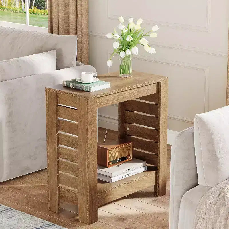 2-Tier Narrow Side Table, End Table with Storage Shelf, Skinny Accent Nightstand for Living Room, Bedroom and Office