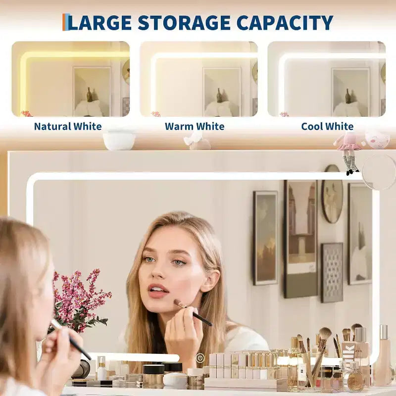 Vanity Desk with Large Mirror, Makeup Vanity Set with Power Outlet, Stool, 10 Drawers, Magnifying Glass, Hairdryer Holder for Bedroom,Dressing Room
