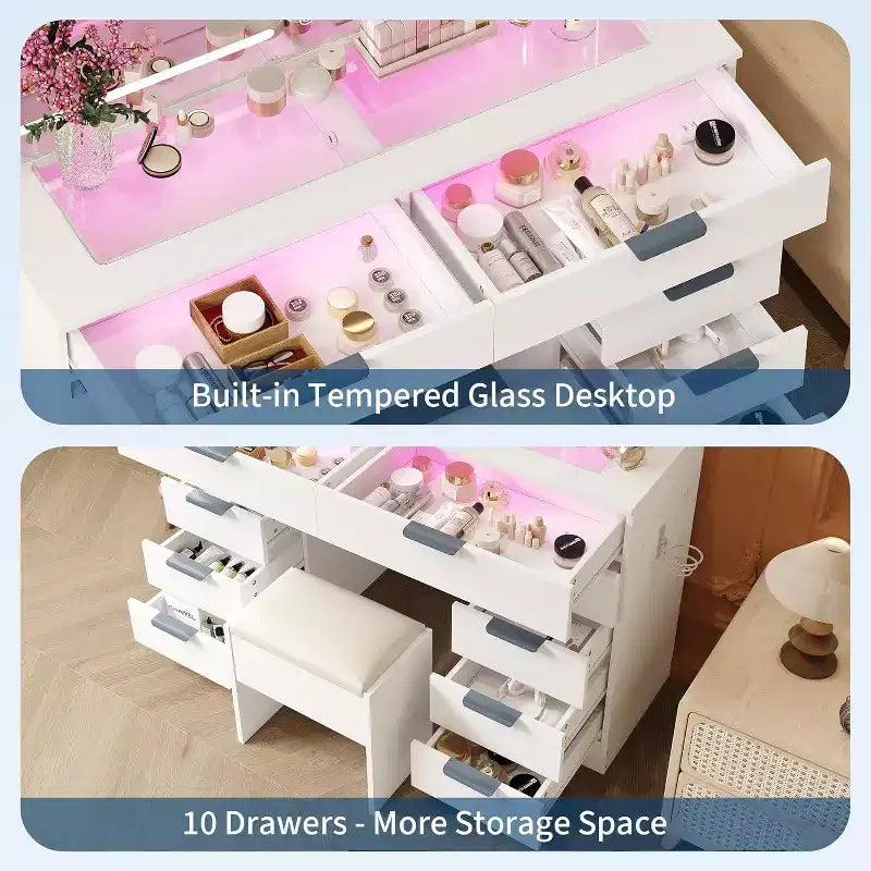 Vanity Desk with Large Mirror, Makeup Vanity Set with Power Outlet, Stool, 10 Drawers, Magnifying Glass, Hairdryer Holder for Bedroom,Dressing Room