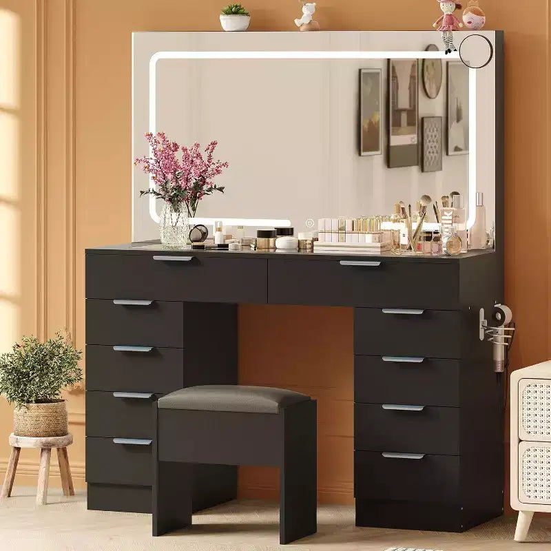 Coiffeuse avec grand miroir, ensemble coiffeuse avec prise de courant, tabouret, 10 tiroirs, loupe, support de sèche-cheveux pour chambre à coucher, dressing