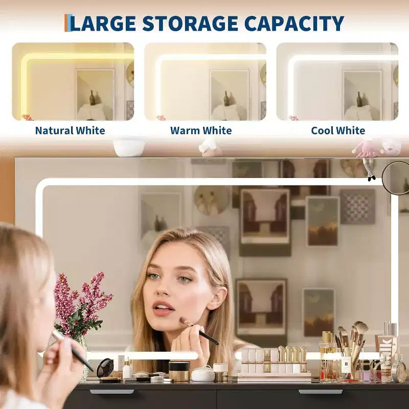 Coiffeuse avec grand miroir, ensemble coiffeuse avec prise de courant, tabouret, 10 tiroirs, loupe, support de sèche-cheveux pour chambre à coucher, dressing