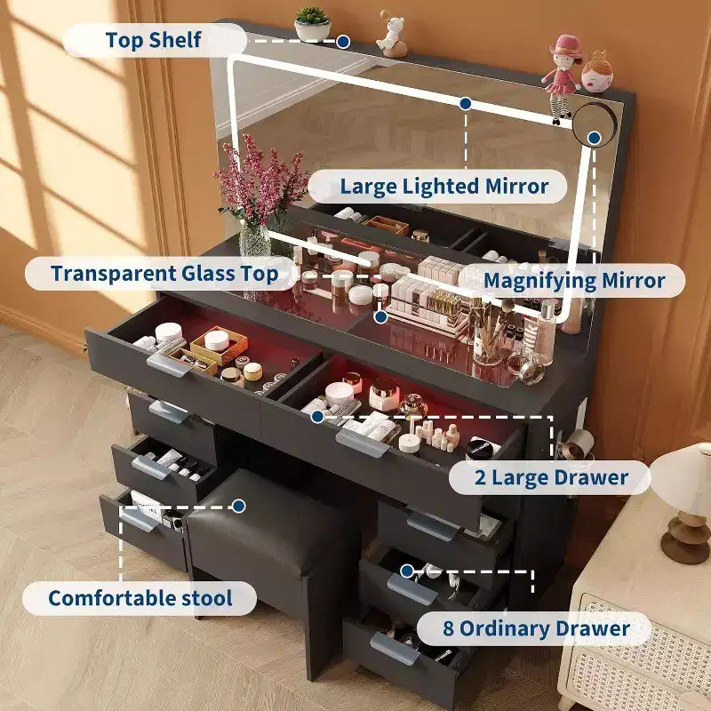 Vanity Desk with Large Mirror, Makeup Vanity Set with Power Outlet, Stool, 10 Drawers, Magnifying Glass, Hairdryer Holder for Bedroom,Dressing Room