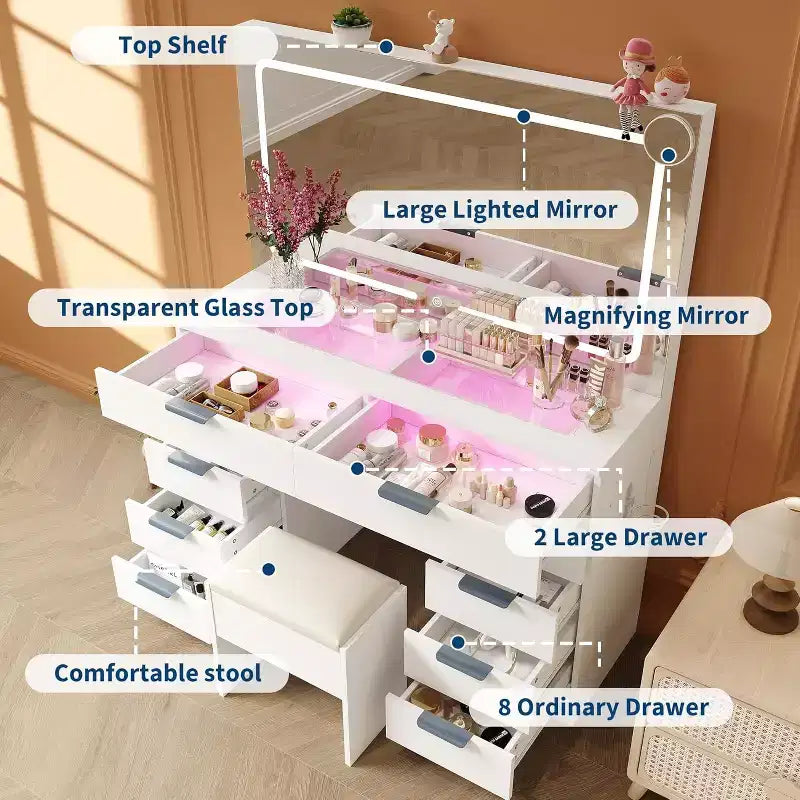 Vanity Desk with Large Mirror, Makeup Vanity Set with Power Outlet, Stool, 10 Drawers, Magnifying Glass, Hairdryer Holder for Bedroom,Dressing Room