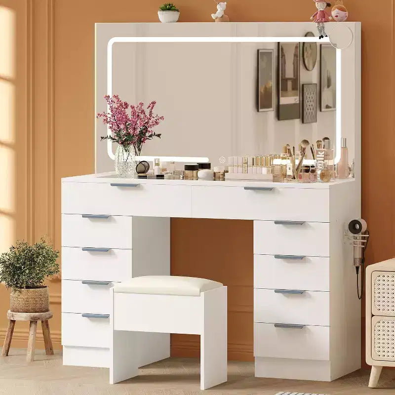 Vanity Desk with Large Mirror, Makeup Vanity Set with Power Outlet, Stool, 10 Drawers, Magnifying Glass, Hairdryer Holder for Bedroom,Dressing Room