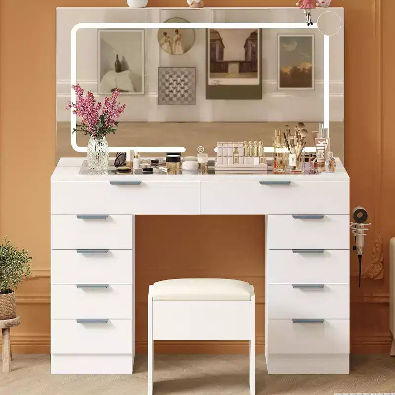 Coiffeuse avec grand miroir, ensemble coiffeuse avec prise de courant, tabouret, 10 tiroirs, loupe, support de sèche-cheveux pour chambre à coucher, dressing