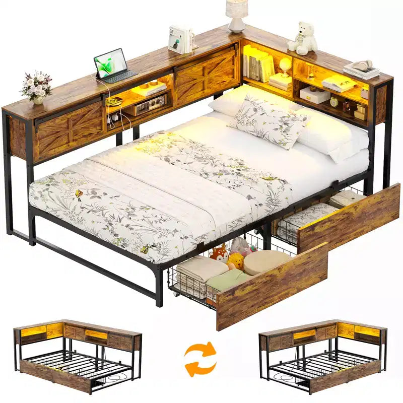 Bookcase Daybed with Wood Drawer, Corner Bed Frame with Sliding Door