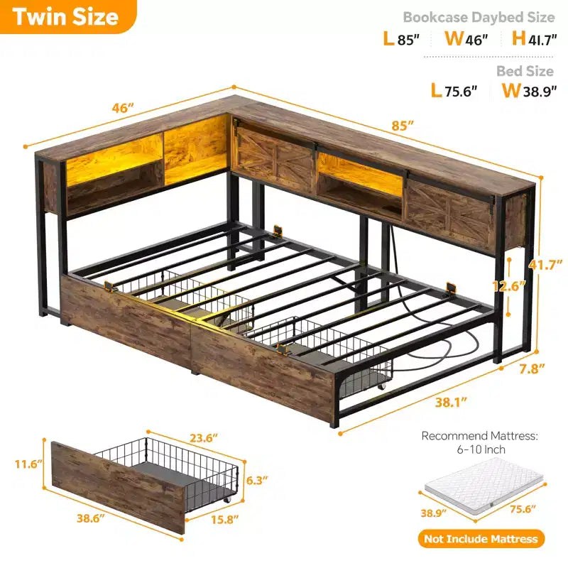 Bookcase Daybed with Wood Drawer, Corner Bed Frame with Sliding Door