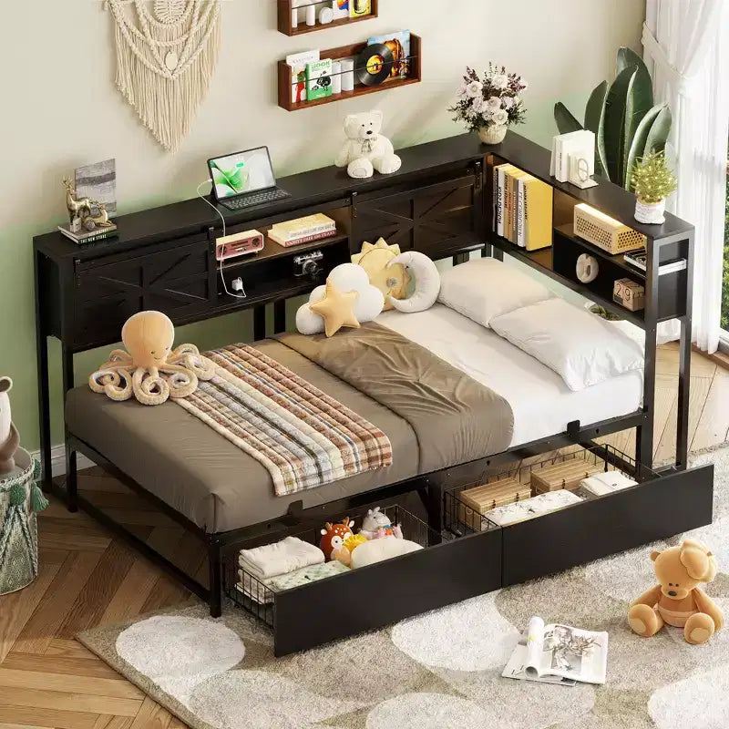 Bookcase Daybed with Wood Drawer, Corner Bed Frame with Sliding Door