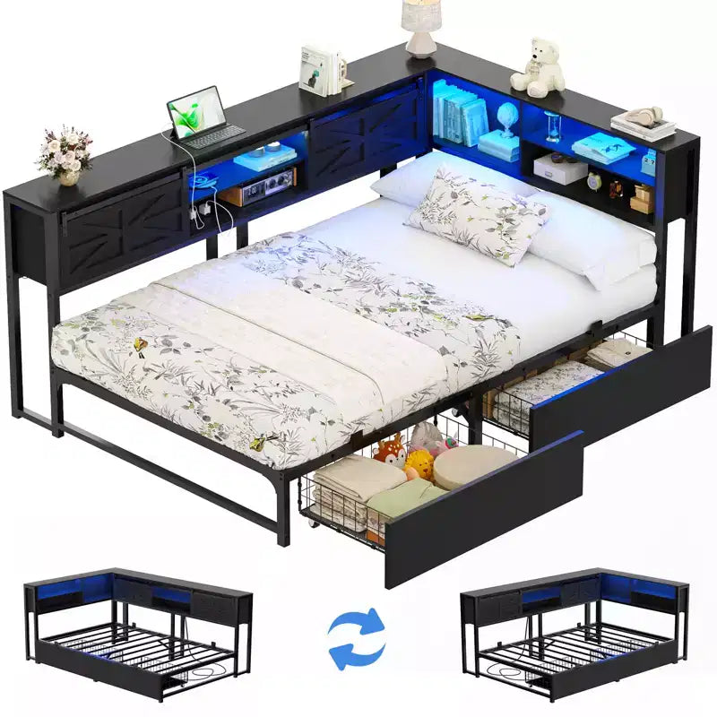 Bookcase Daybed with Wood Drawer, Corner Bed Frame with Sliding Door
