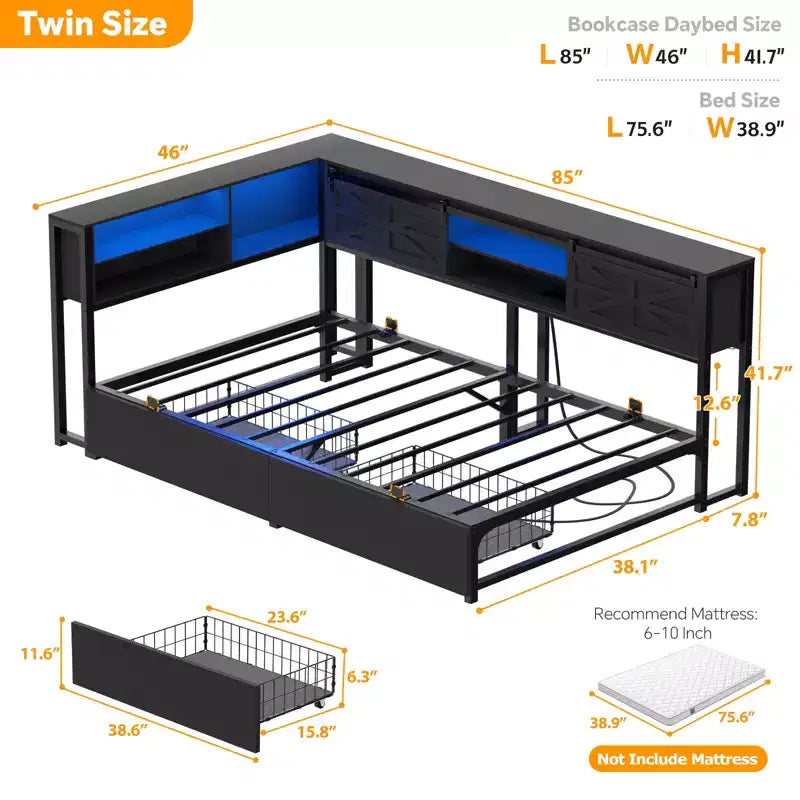 Bookcase Daybed with Wood Drawer, Corner Bed Frame with Sliding Door