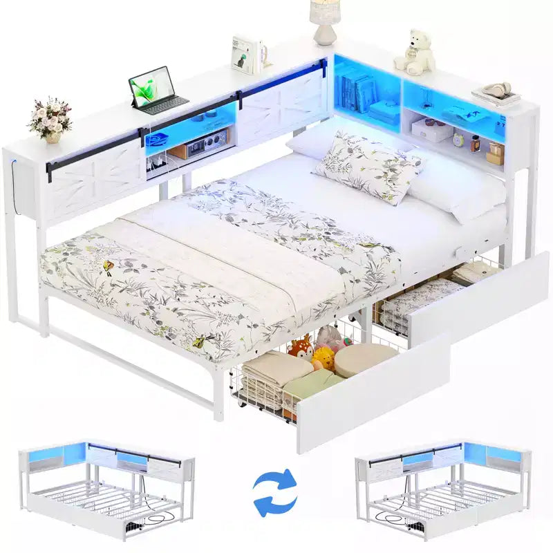 Bookcase Daybed with Wood Drawer, Corner Bed Frame with Sliding Door