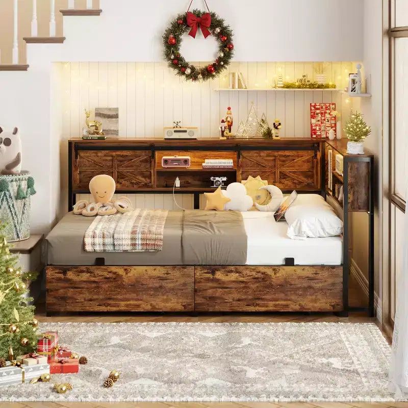 Bookcase Daybed with Wood Drawer, Corner Bed Frame with Sliding Door