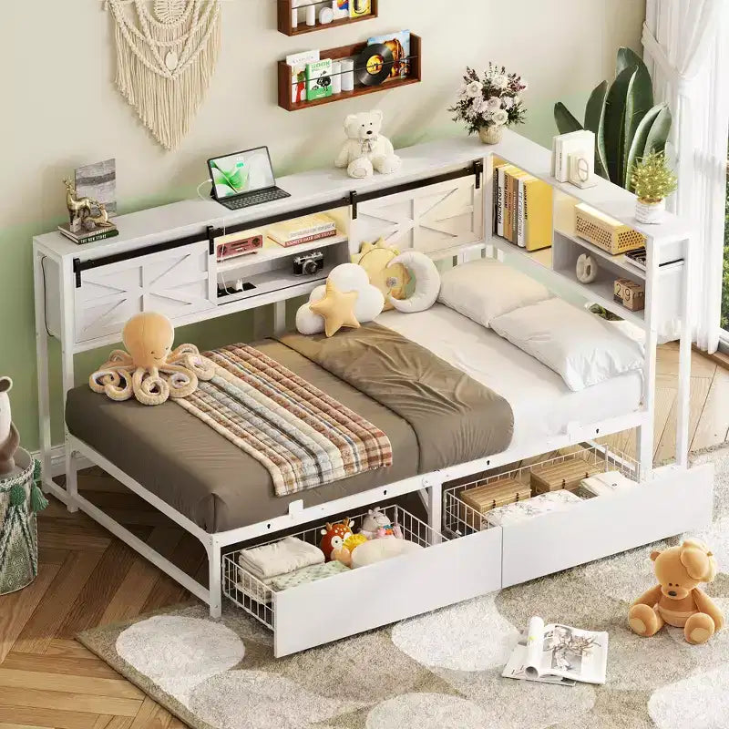 Besiost Bookcase Daybed with Wood Drawer, Corner Bed Frame with Sliding Door