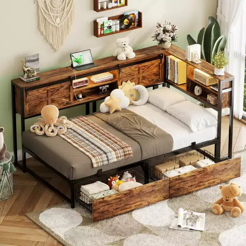 Lit de repos avec bibliothèque et tiroir en bois, cadre de lit d'angle avec porte coulissante
