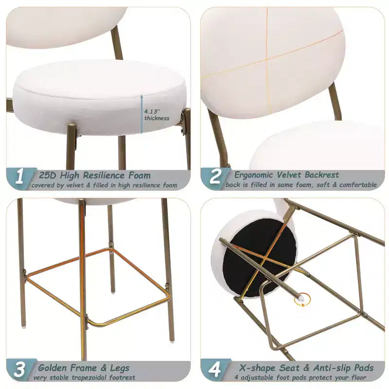Set of 2 Velvet Counter Height Bar Stools,Bar Chair with Metal Legs,Oval Back &Footrest,Accent Counter Stools for Kitchen Island,Home Bar