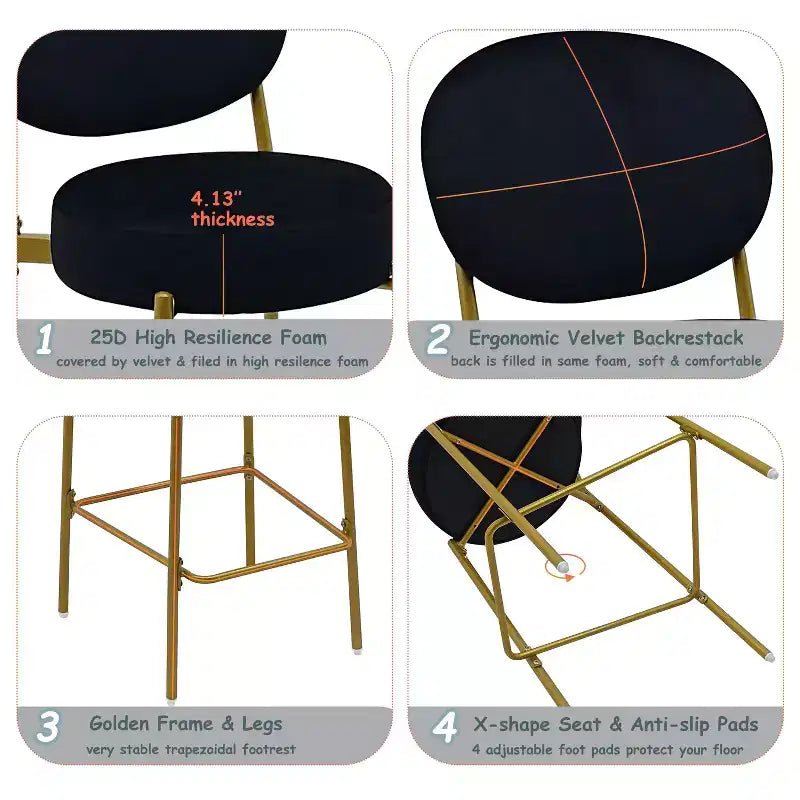 Set of 2 Velvet Counter Height Bar Stools,Bar Chair with Metal Legs,Oval Back &Footrest,Accent Counter Stools for Kitchen Island,Home Bar