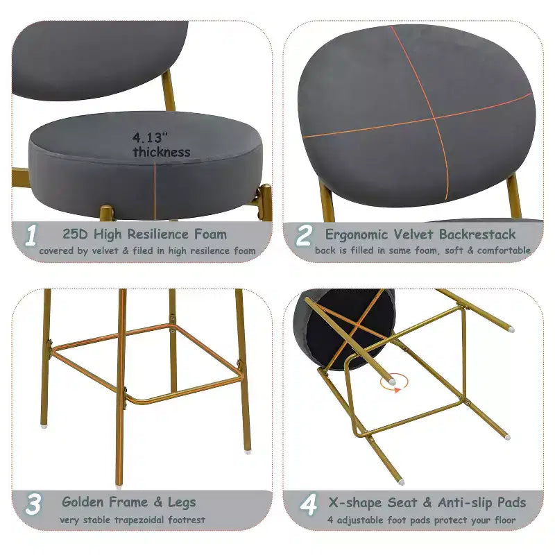 Set of 2 Velvet Counter Height Bar Stools,Bar Chair with Metal Legs,Oval Back &Footrest,Accent Counter Stools for Kitchen Island,Home Bar