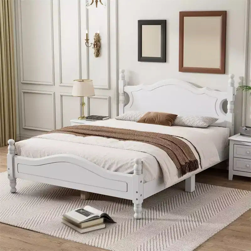 Full/Queen Size Wood House Bed, Easy Assembly, Platform Bed, No Box Spring Needed, Wooden Slat Mattress Foundation, White_Full Size