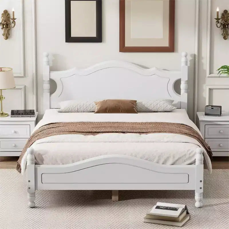 Full/Queen Size Wood House Bed, Easy Assembly, Platform Bed, No Box Spring Needed, Wooden Slat Mattress Foundation, White_Full Size
