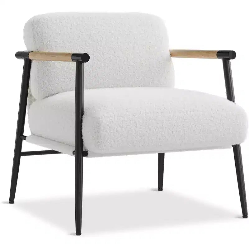 Modern Decorative Chair, Metal Frame and Wooden Armrests, Soft-padded Reading Chair for Bedrooms and Living Rooms, Ergonomic, White Single
