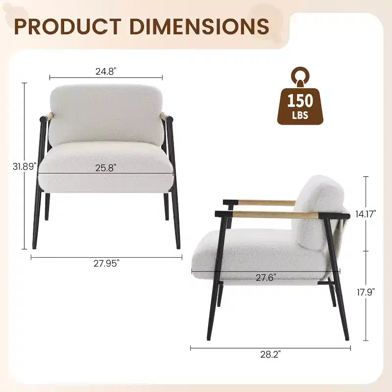 Modern Decorative Chair, Metal Frame and Wooden Armrests, Soft-padded Reading Chair for Bedrooms and Living Rooms, Ergonomic, White Single