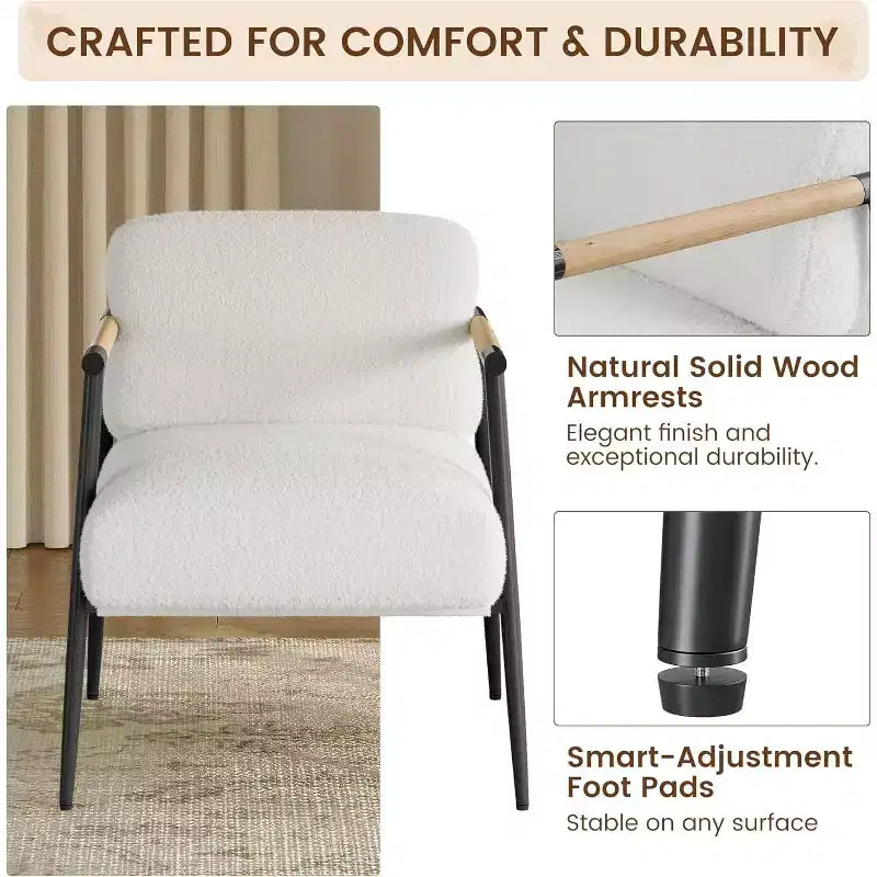 Chaise décorative moderne, cadre en métal et accoudoirs en bois, chaise de lecture rembourrée et douce pour chambres et salons, ergonomique, simple blanche