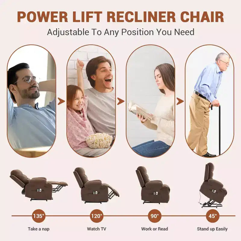 Power Lift Recliner Chair, Oversize Electric Recliners for Elderly with Heat and Massage, Cup Holders, Side Pocket, Single Sofa Seat for Living Room