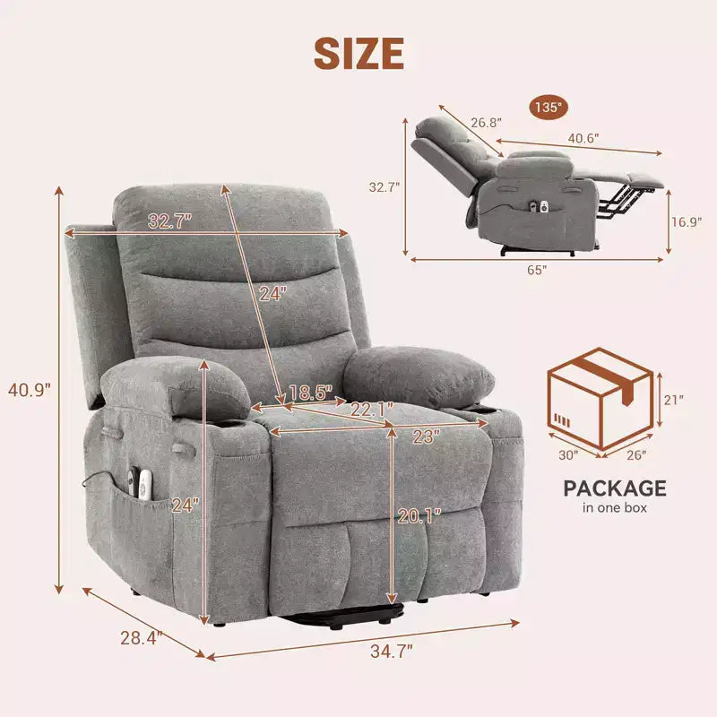 Power Lift Recliner Chair, Oversize Electric Recliners for Elderly with Heat and Massage, Cup Holders, Side Pocket, Single Sofa Seat for Living Room