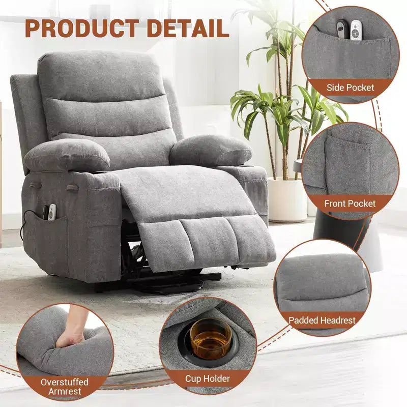 Power Lift Recliner Chair, Oversize Electric Recliners for Elderly with Heat and Massage, Cup Holders, Side Pocket, Single Sofa Seat for Living Room