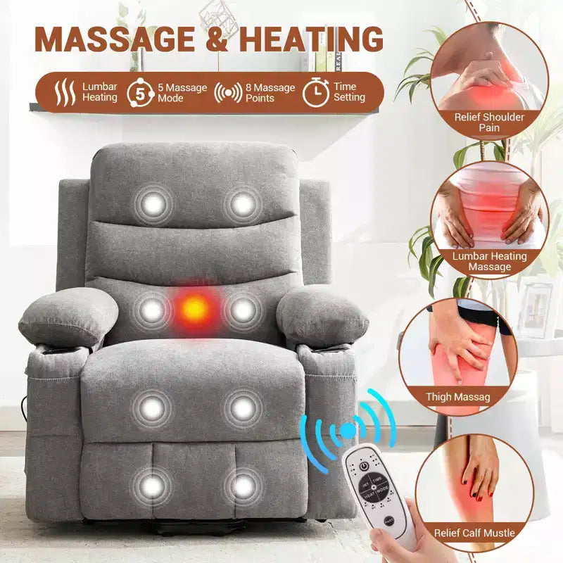 Power Lift Recliner Chair, Oversize Electric Recliners for Elderly with Heat and Massage, Cup Holders, Side Pocket, Single Sofa Seat for Living Room