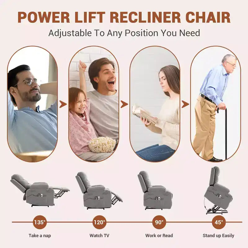 Power Lift Recliner Chair, Oversize Electric Recliners for Elderly with Heat and Massage, Cup Holders, Side Pocket, Single Sofa Seat for Living Room