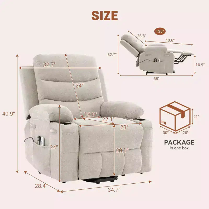 Power Lift Recliner Chair, Oversize Electric Recliners for Elderly with Heat and Massage, Cup Holders, Side Pocket, Single Sofa Seat for Living Room