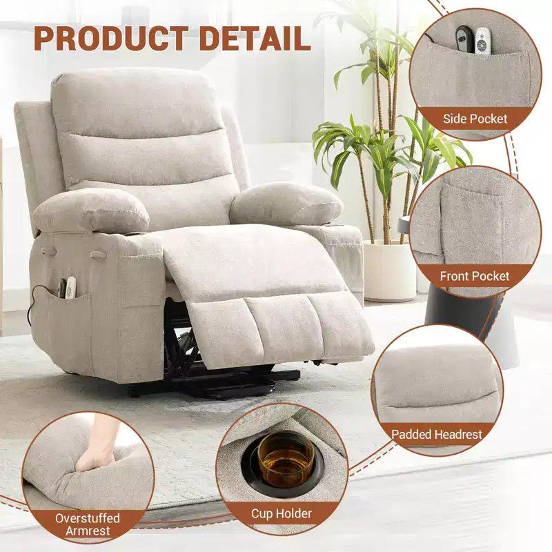 Power Lift Recliner Chair, Oversize Electric Recliners for Elderly with Heat and Massage, Cup Holders, Side Pocket, Single Sofa Seat for Living Room