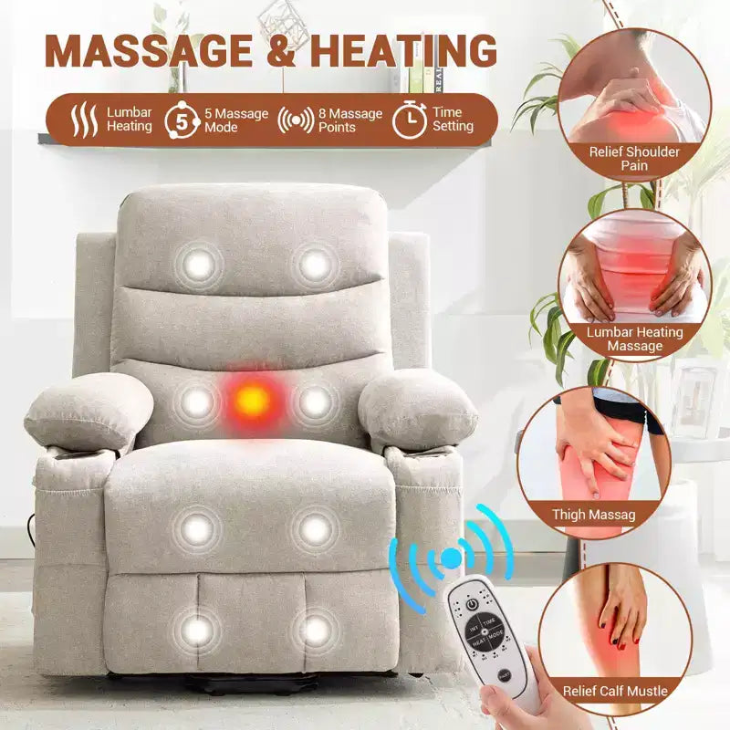 Fauteuil inclinable électrique avec fonction de levage, fauteuil inclinable électrique surdimensionné pour personnes âgées avec chauffage et massage, porte-gobelets, poche latérale, canapé simple pour salon