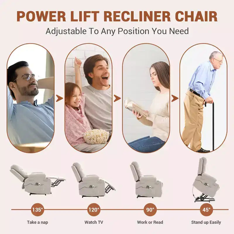 Fauteuil inclinable électrique avec fonction de levage, fauteuil inclinable électrique surdimensionné pour personnes âgées avec chauffage et massage, porte-gobelets, poche latérale, canapé simple pour salon