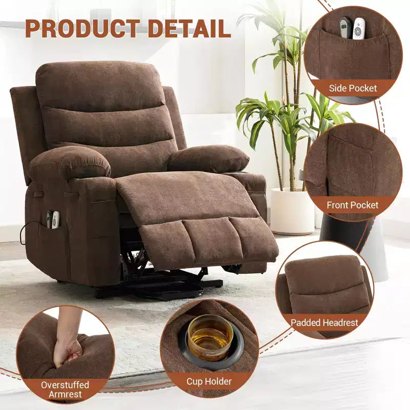 Power Lift Recliner Chair, Oversize Electric Recliners for Elderly with Heat and Massage, Cup Holders, Side Pocket, Single Sofa Seat for Living Room