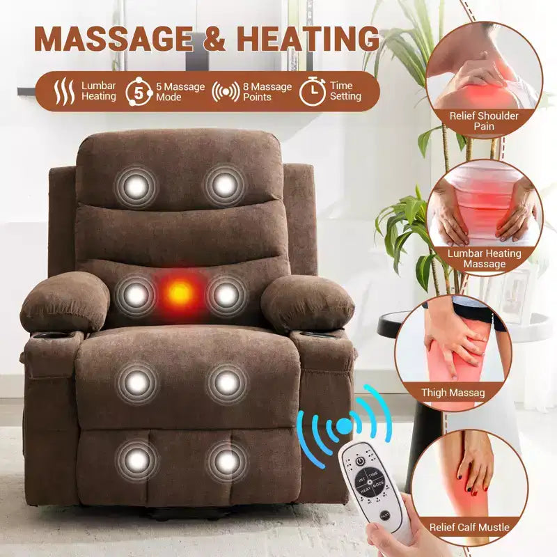 Power Lift Recliner Chair, Oversize Electric Recliners for Elderly with Heat and Massage, Cup Holders, Side Pocket, Single Sofa Seat for Living Room