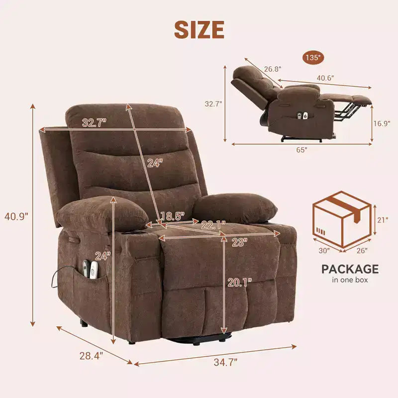 Fauteuil inclinable électrique avec fonction de levage, fauteuil inclinable électrique surdimensionné pour personnes âgées avec chauffage et massage, porte-gobelets, poche latérale, canapé simple pour salon