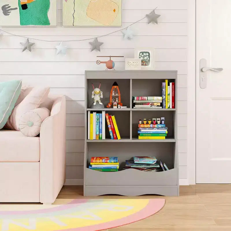 3-Tier Children's Multi-Functional Bookcase Toy Storage Bin Floor Cabinet Gray/White/Natural