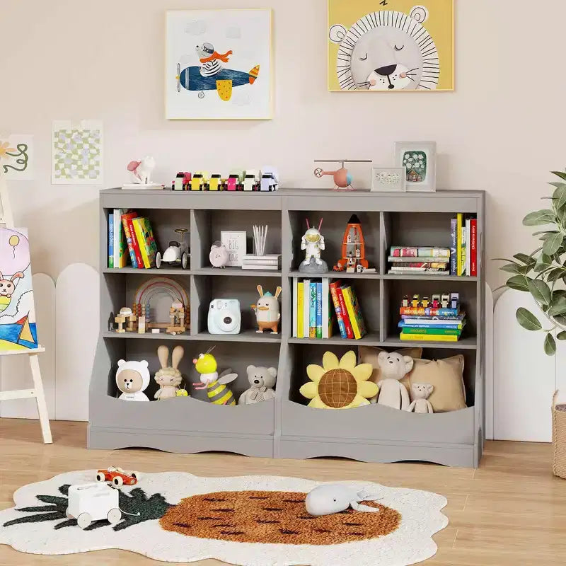 3-Tier Children's Multi-Functional Bookcase Toy Storage Bin Floor Cabinet Gray/White/Natural